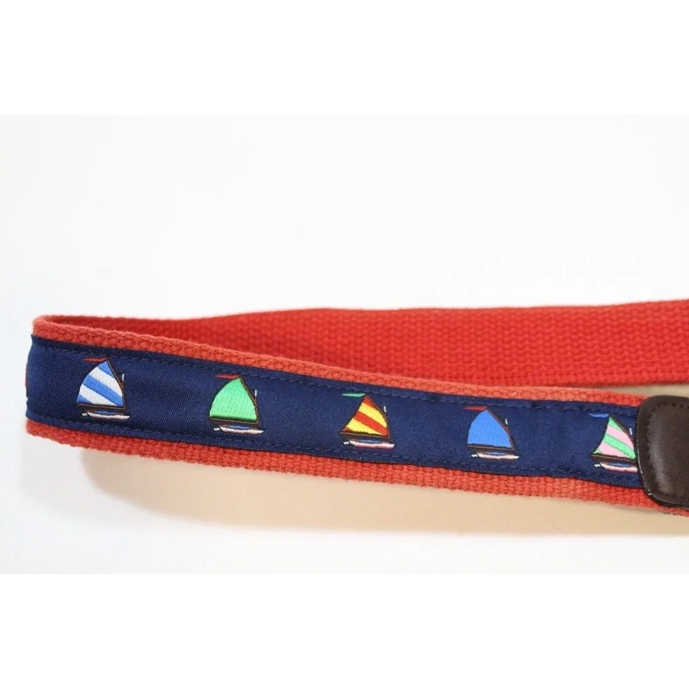 Vtg Alynn Mens Canvas Leather Belt Sail Boats‎ Adjustable Navy Blue Size 29-42W